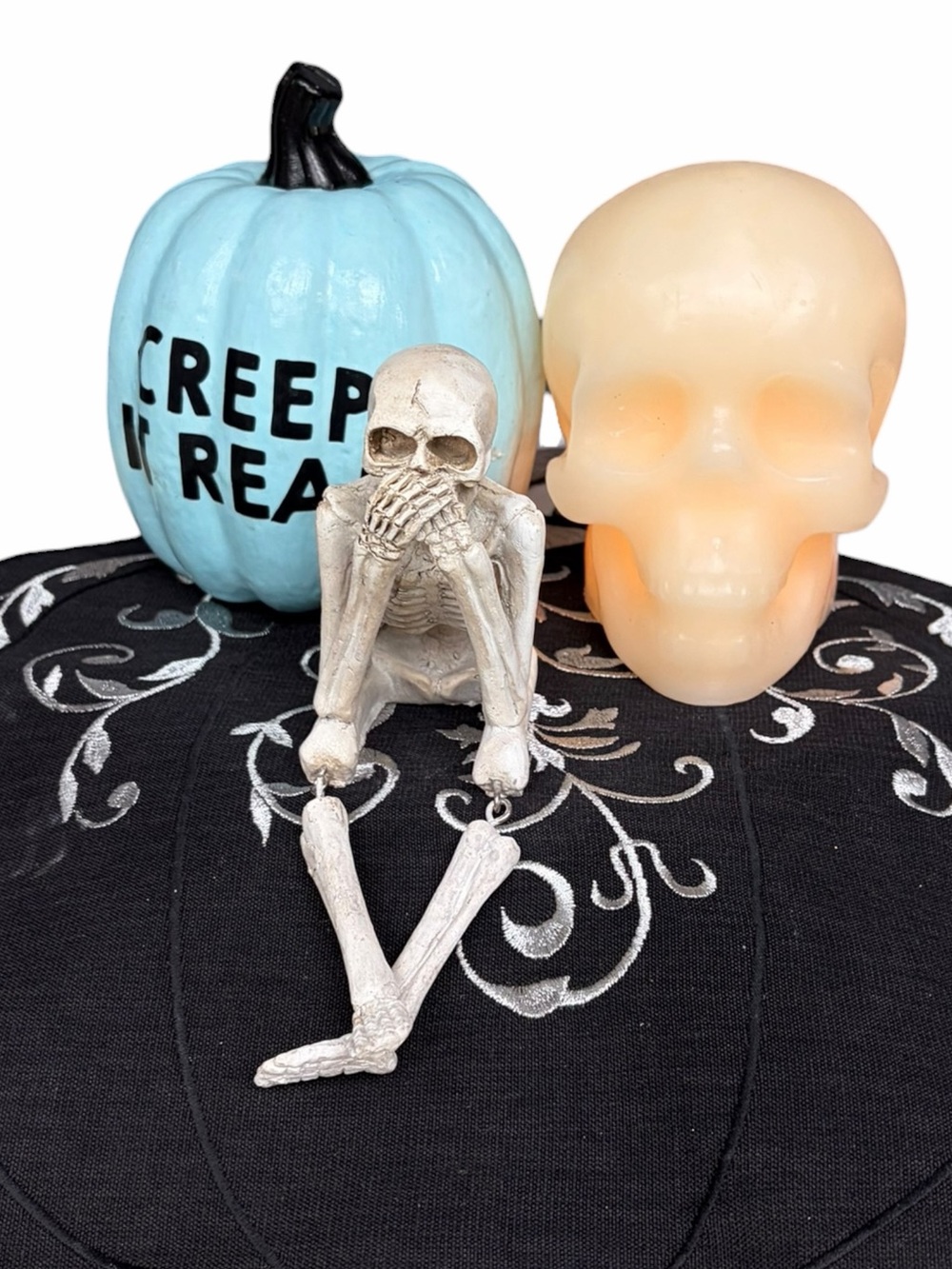 4-Piece Halloween Decor Bundle Light-Up Wax Skull Skeleton Pumpkin Placemat